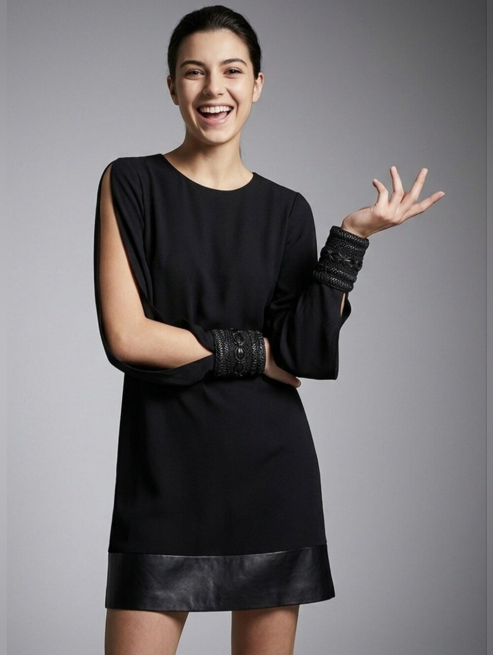 Bailey 44 Mini Layered Sheath Dress Long Sleeves Vegan Leather / Sz S / Black